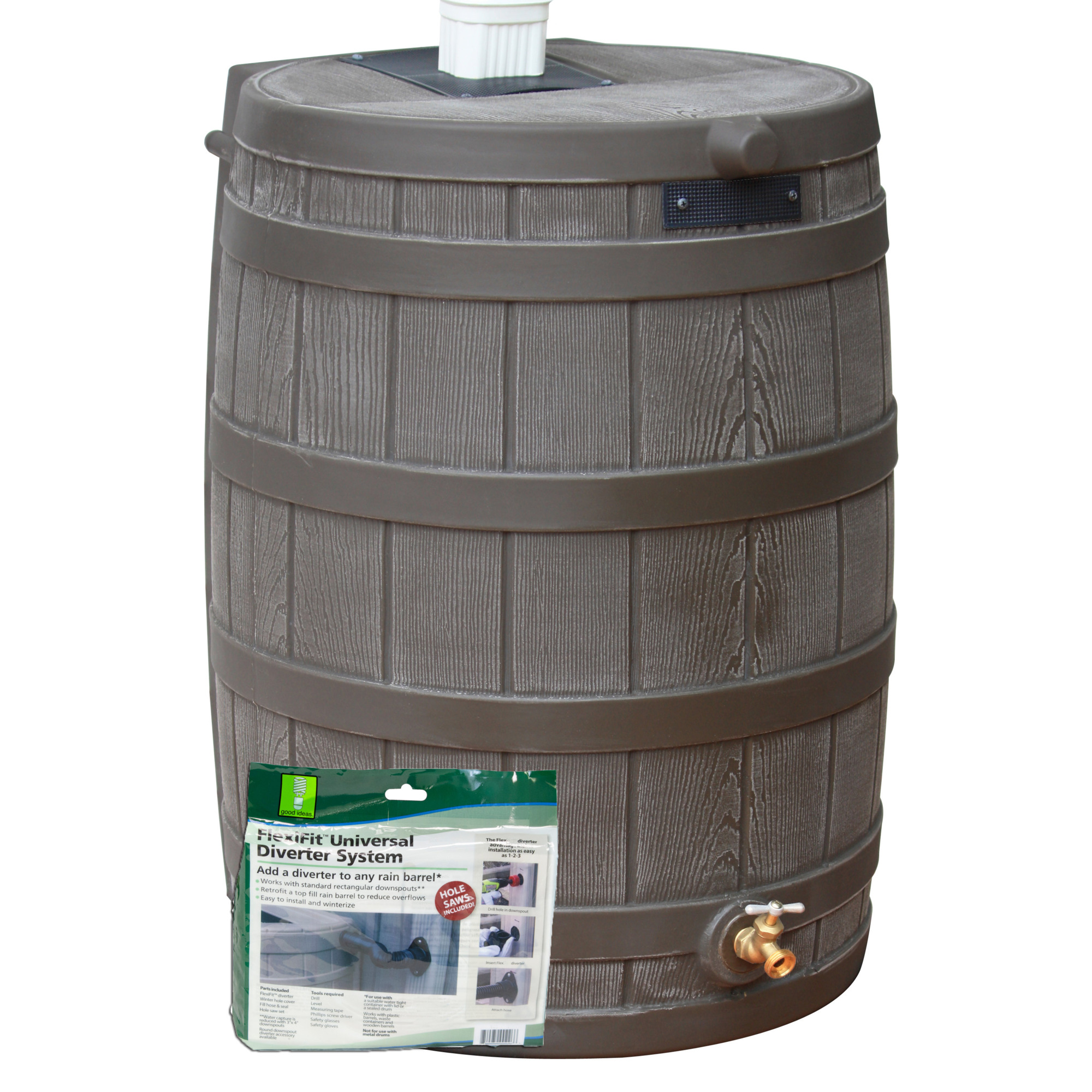 Good Ideas Rain Wizard Rain Barrel with Diverter Kit — 50 Gallons, Oak, BPA-Free Plastic, Model# RW50-DIV-OAK